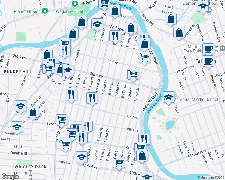 map of restaurants, bars, coffee shops, grocery stores, and more near 235 East 24th Street in Paterson