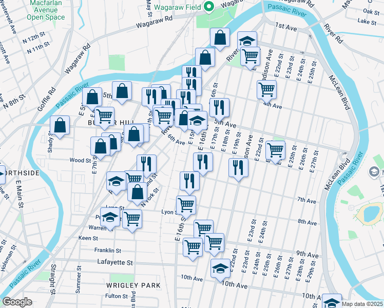 map of restaurants, bars, coffee shops, grocery stores, and more near 131 East 15th Street in Paterson