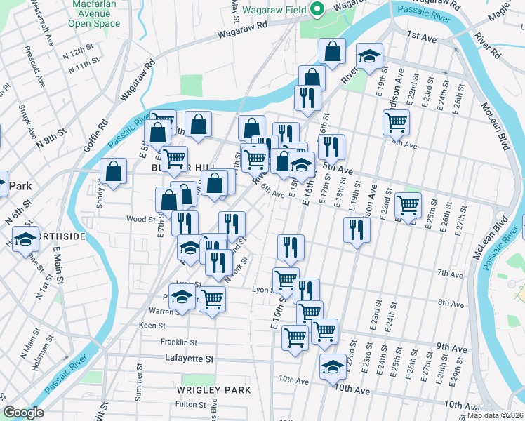 map of restaurants, bars, coffee shops, grocery stores, and more near 55-49 May Street in Paterson