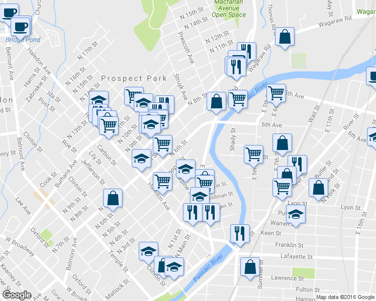 map of restaurants, bars, coffee shops, grocery stores, and more near 281 North 4th Street in Paterson