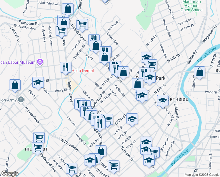 map of restaurants, bars, coffee shops, grocery stores, and more near 117 North 11th Street in Paterson