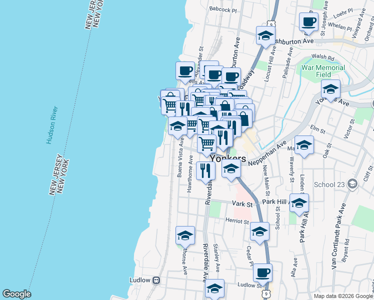 map of restaurants, bars, coffee shops, grocery stores, and more near 56 Prospect Street in Yonkers