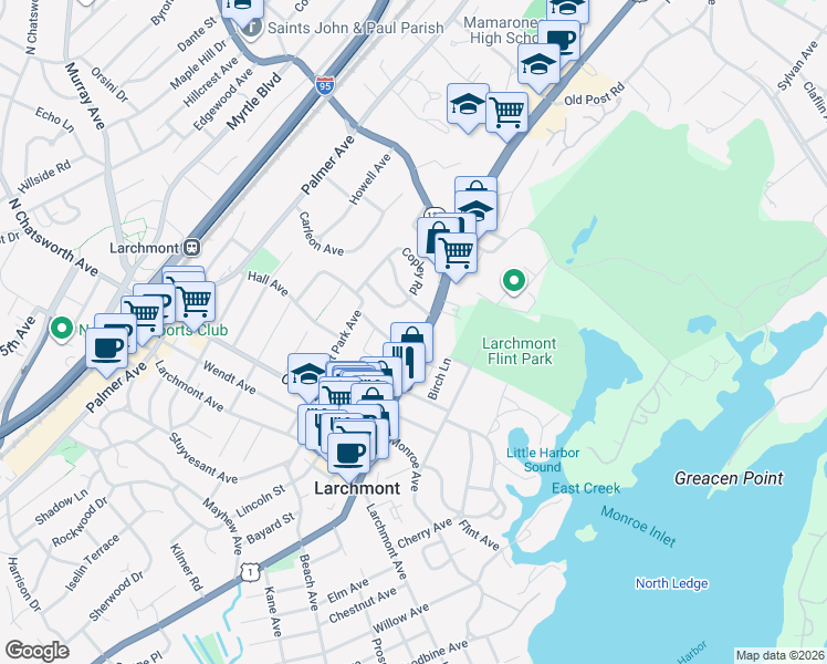 map of restaurants, bars, coffee shops, grocery stores, and more near 1450 Boston Post Road in Mamaroneck