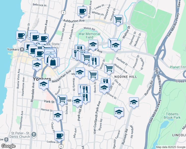 map of restaurants, bars, coffee shops, grocery stores, and more near 75 Maple Street in Yonkers