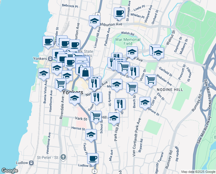 map of restaurants, bars, coffee shops, grocery stores, and more near 113 Linden Street in Yonkers