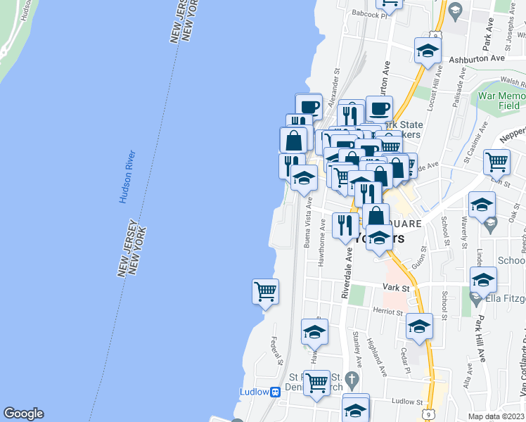 map of restaurants, bars, coffee shops, grocery stores, and more near 20 Water Grant Street in Yonkers