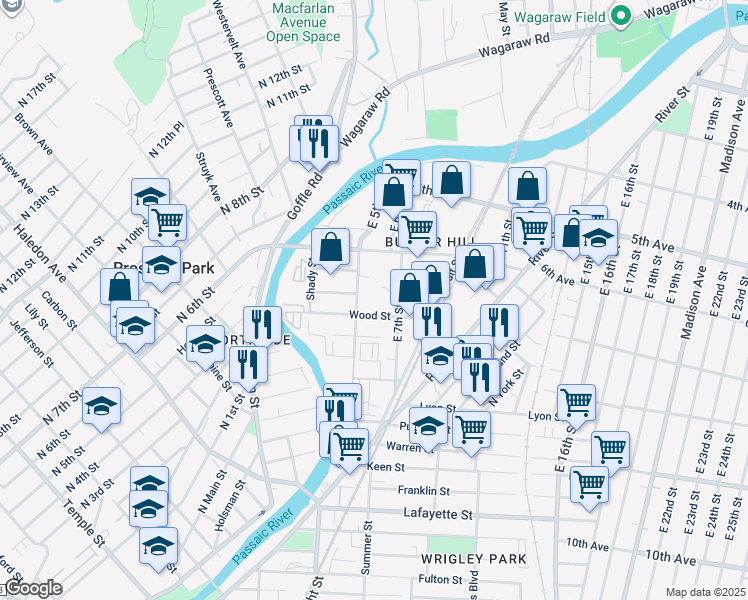 map of restaurants, bars, coffee shops, grocery stores, and more near 77 Wood Street in Paterson