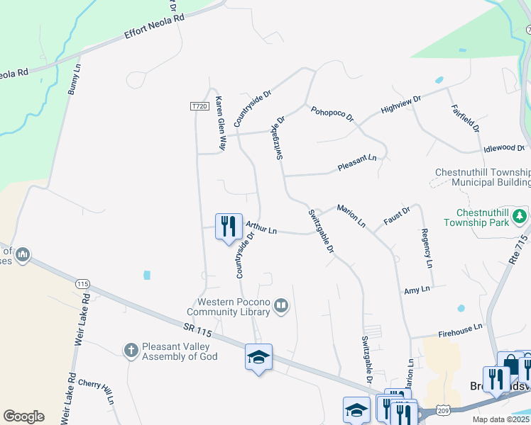 map of restaurants, bars, coffee shops, grocery stores, and more near 194 Countryside Drive in Brodheadsville