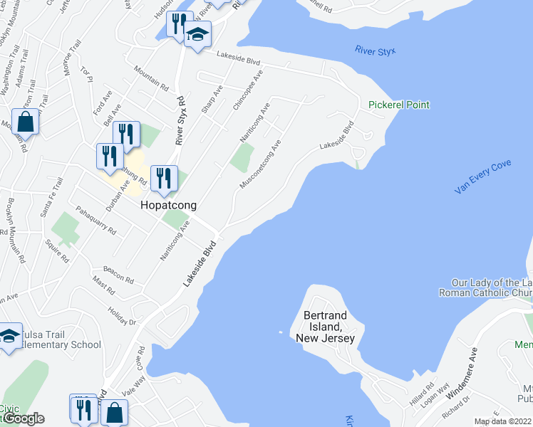 map of restaurants, bars, coffee shops, grocery stores, and more near 239 Lakeside Boulevard in Hopatcong