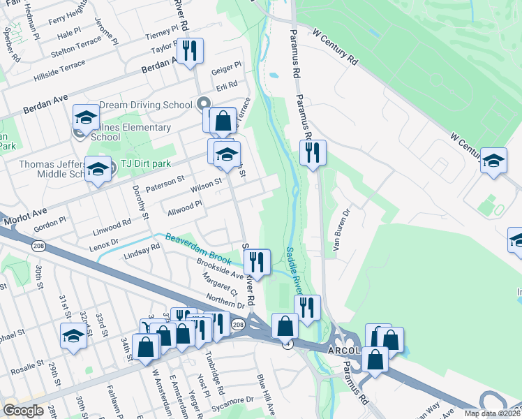 map of restaurants, bars, coffee shops, grocery stores, and more near 7 Sandow Court in Fair Lawn