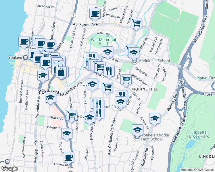 map of restaurants, bars, coffee shops, grocery stores, and more near 75 Maple Street in Yonkers