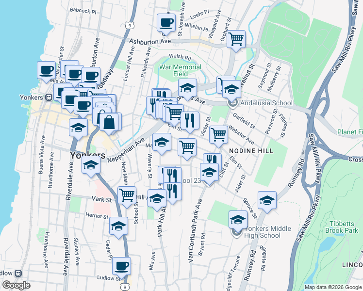 map of restaurants, bars, coffee shops, grocery stores, and more near 75 Maple Street in Yonkers