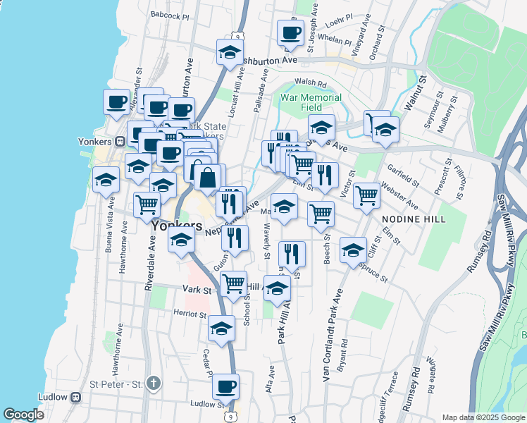 map of restaurants, bars, coffee shops, grocery stores, and more near 113 Linden Street in Yonkers