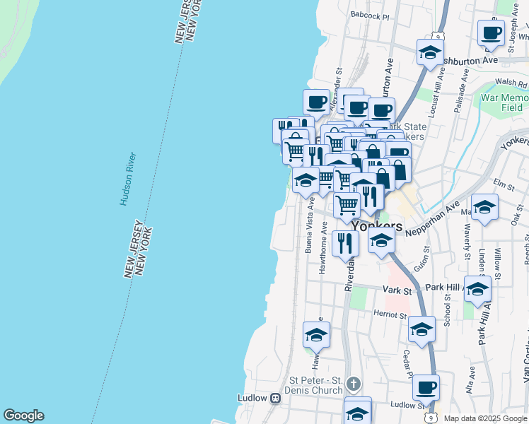 map of restaurants, bars, coffee shops, grocery stores, and more near 20 Water Grant Street in Yonkers