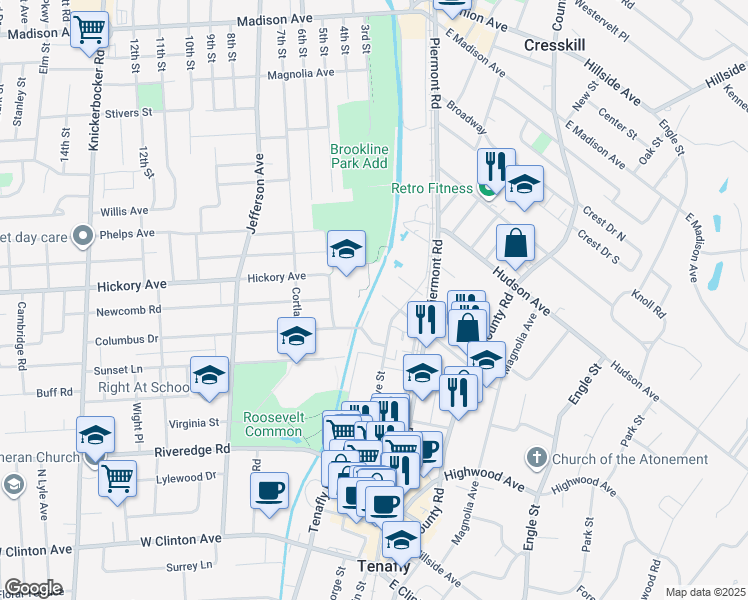 map of restaurants, bars, coffee shops, grocery stores, and more near 12 Merritt Court in Tenafly
