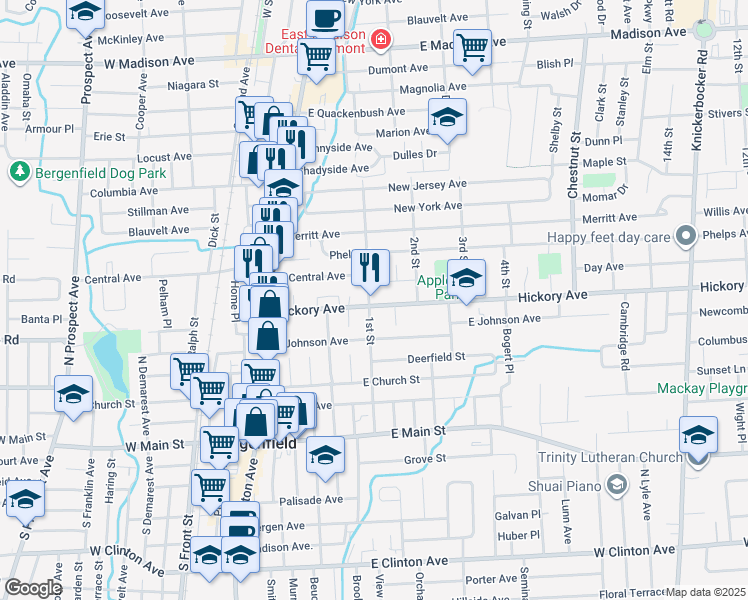 map of restaurants, bars, coffee shops, grocery stores, and more near 110 Hickory Avenue in Bergenfield