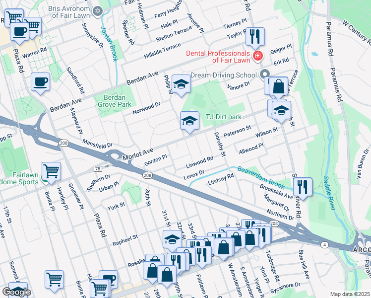map of restaurants, bars, coffee shops, grocery stores, and more near 4-27 Philip Street in Fair Lawn