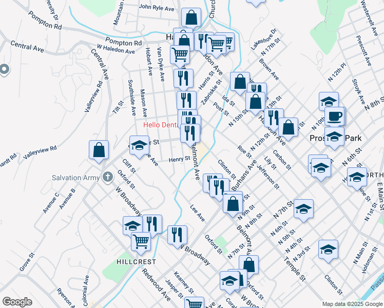 map of restaurants, bars, coffee shops, grocery stores, and more near 265 Belmont Avenue in Haledon