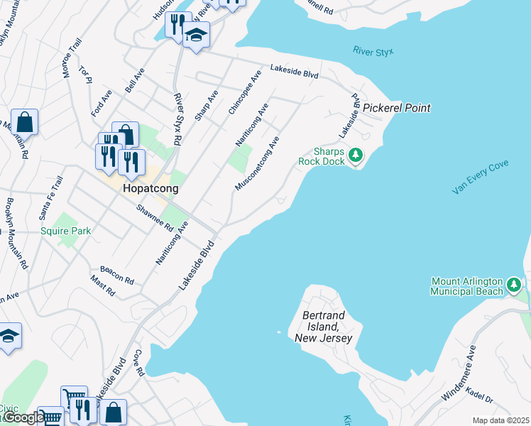 map of restaurants, bars, coffee shops, grocery stores, and more near 237 Lakeside Boulevard in Hopatcong