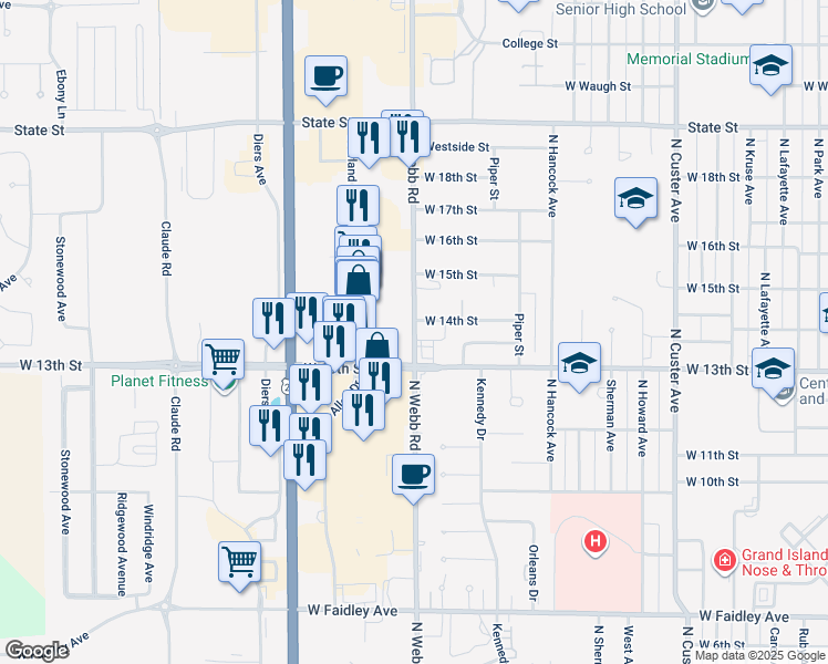 map of restaurants, bars, coffee shops, grocery stores, and more near 1300-1354 North Webb Road in Grand Island