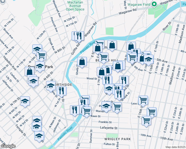 map of restaurants, bars, coffee shops, grocery stores, and more near 77 Wood Street in Paterson