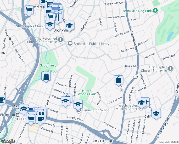 map of restaurants, bars, coffee shops, grocery stores, and more near 56 Oakledge Road in Bronxville