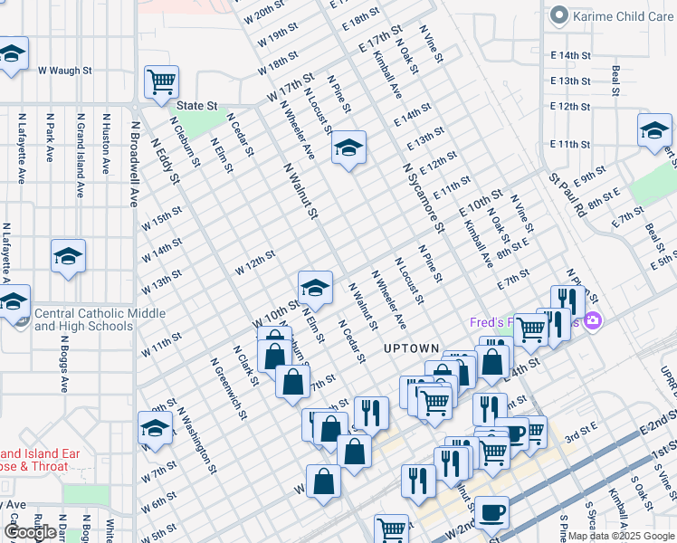 map of restaurants, bars, coffee shops, grocery stores, and more near 950-998 N Walnut St in Grand Island