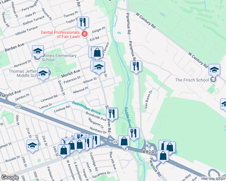 map of restaurants, bars, coffee shops, grocery stores, and more near 7 Sandow Court in Fair Lawn