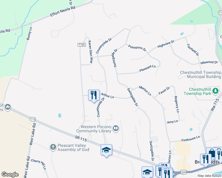 map of restaurants, bars, coffee shops, grocery stores, and more near 194 Countryside Drive in Brodheadsville