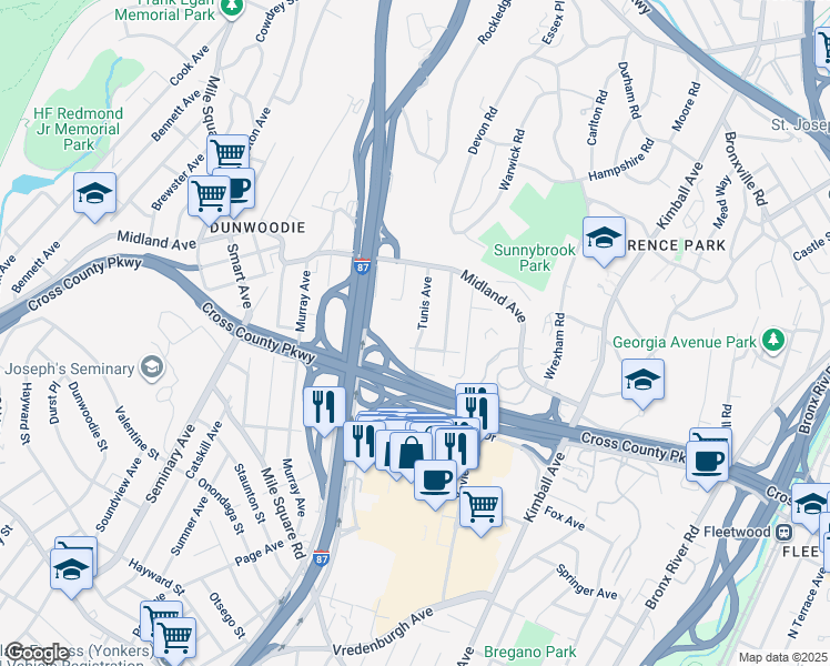 map of restaurants, bars, coffee shops, grocery stores, and more near 11 Tunis Avenue in Yonkers
