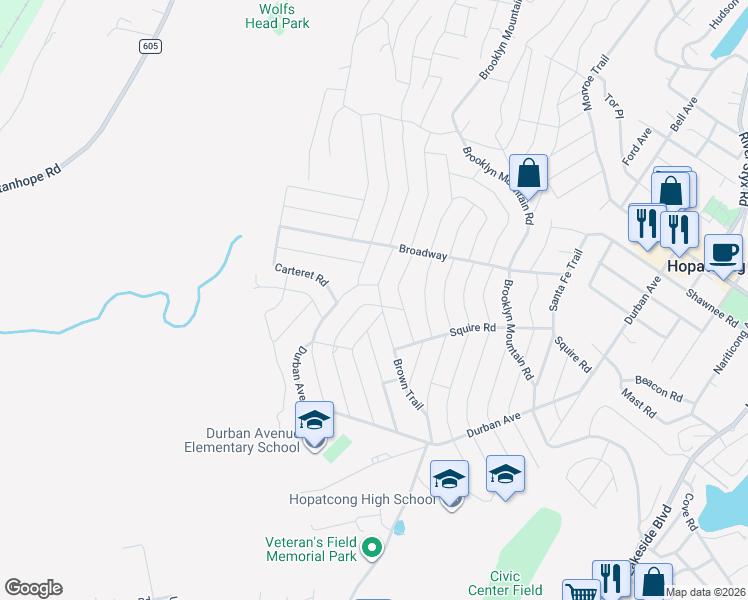 map of restaurants, bars, coffee shops, grocery stores, and more near 116 Staten Trail in Hopatcong