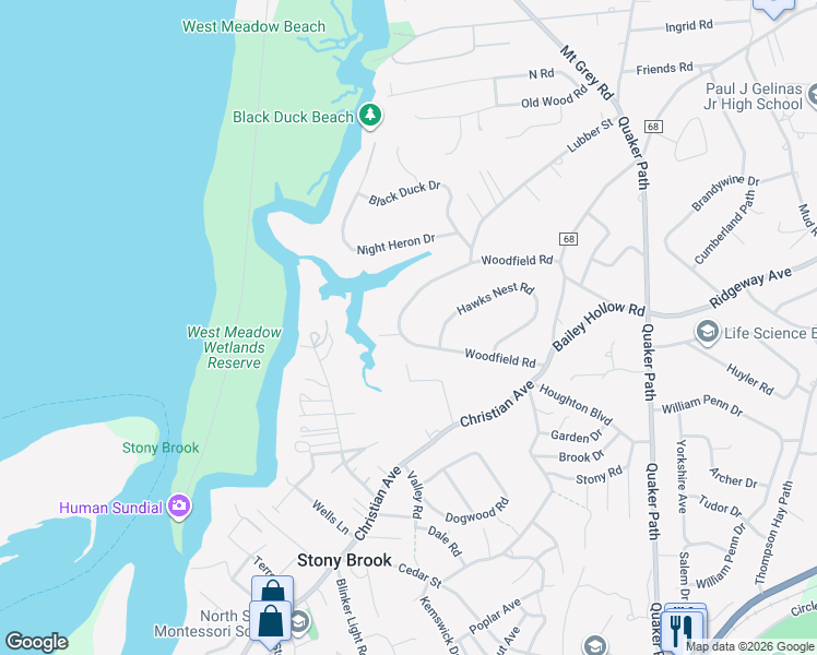 map of restaurants, bars, coffee shops, grocery stores, and more near 24 Woodfield Road in Stony Brook