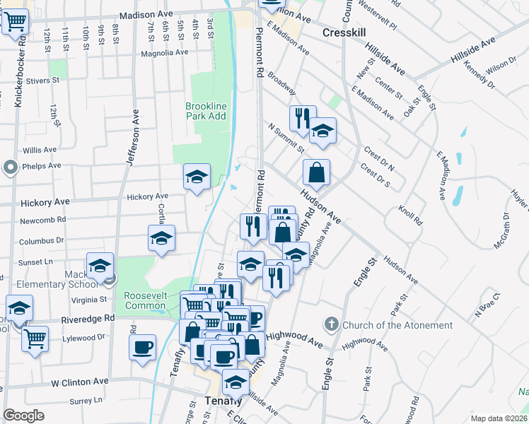 map of restaurants, bars, coffee shops, grocery stores, and more near 3117 The Plaza in Tenafly