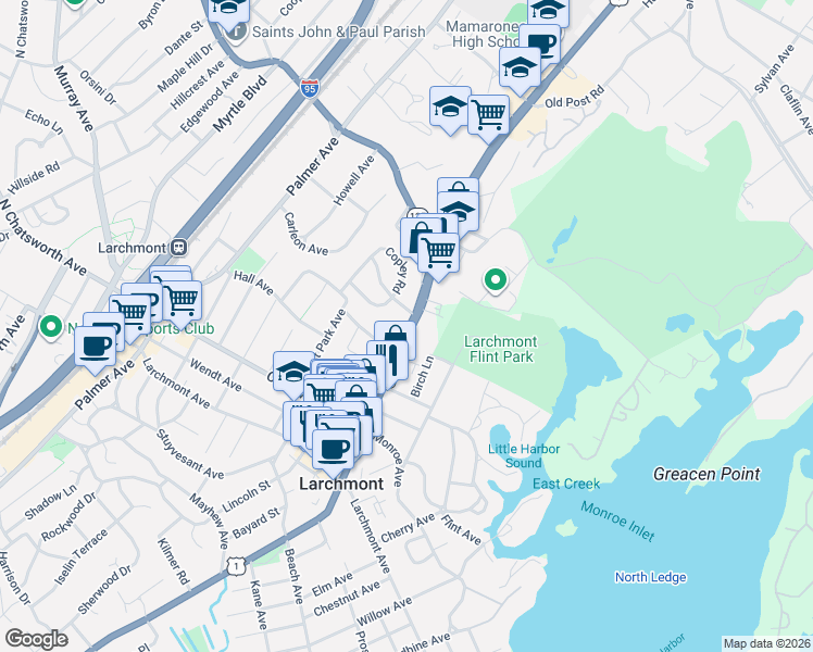 map of restaurants, bars, coffee shops, grocery stores, and more near 1450 Boston Post Road in Mamaroneck