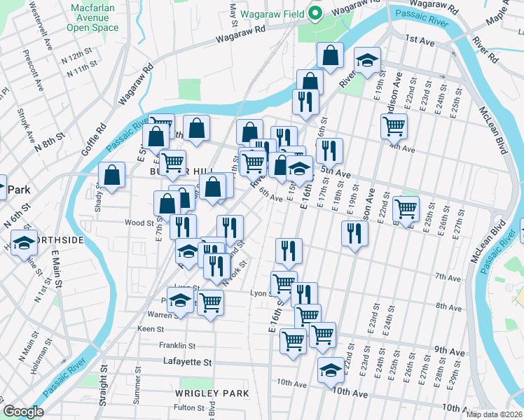 map of restaurants, bars, coffee shops, grocery stores, and more near 1 Ann Place in Paterson