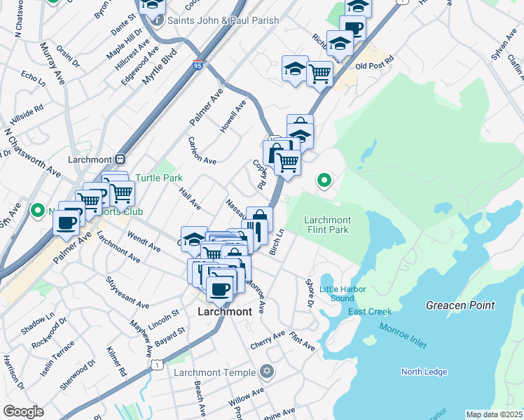 map of restaurants, bars, coffee shops, grocery stores, and more near 1450 Boston Post Road in Mamaroneck