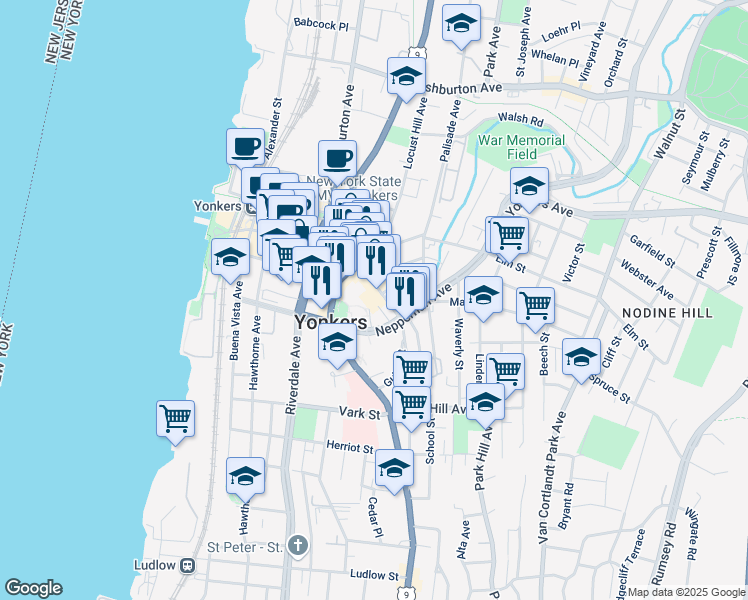 map of restaurants, bars, coffee shops, grocery stores, and more near 40 South Broadway in Yonkers