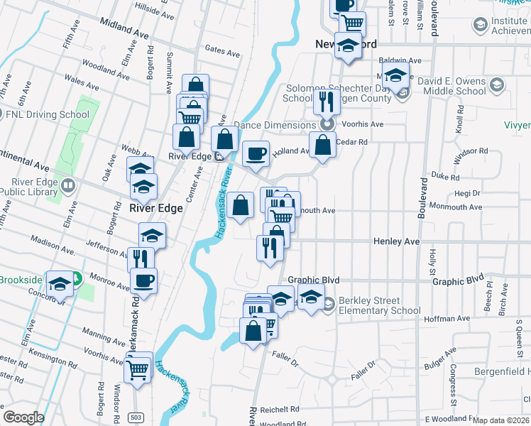 map of restaurants, bars, coffee shops, grocery stores, and more near 111 Henley Avenue in New Milford