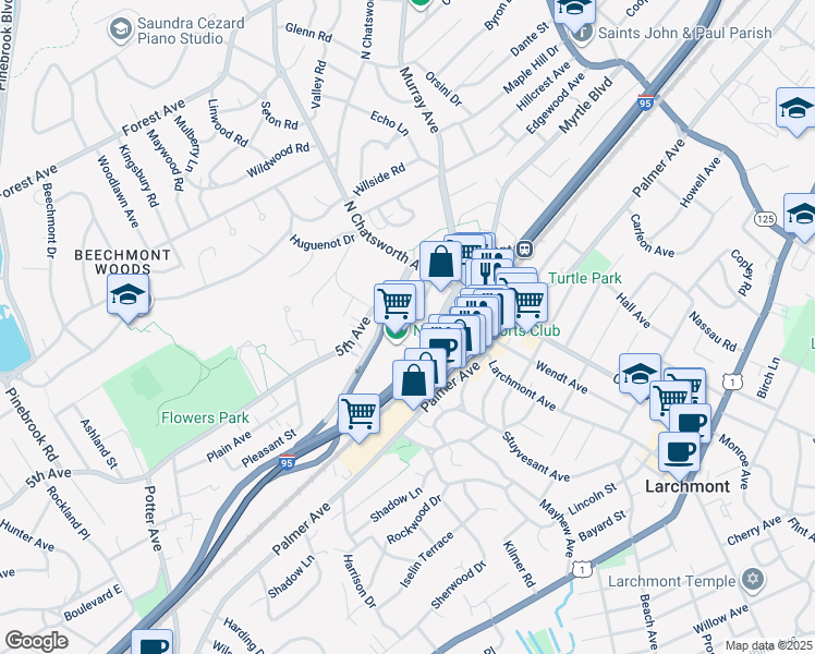 map of restaurants, bars, coffee shops, grocery stores, and more near 30 Byron Place in Larchmont