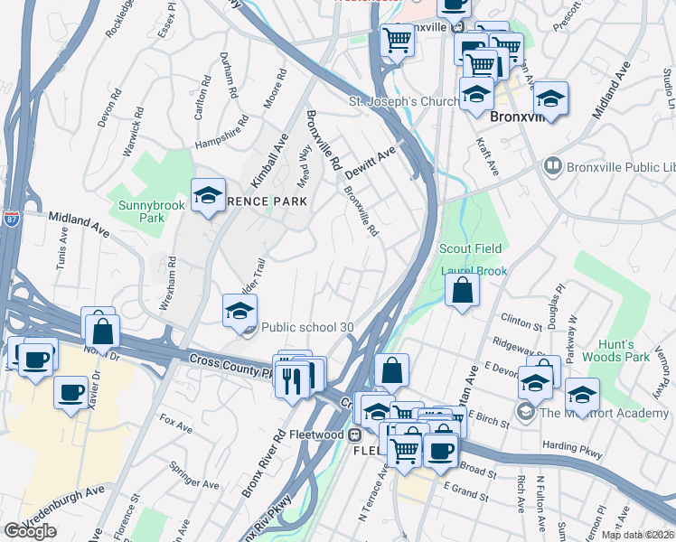 map of restaurants, bars, coffee shops, grocery stores, and more near 54 Louisiana Avenue in Bronxville