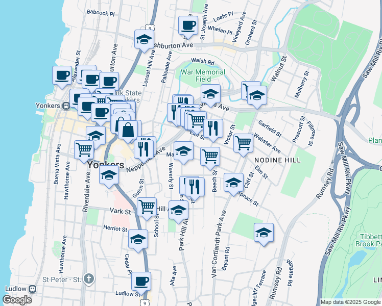 map of restaurants, bars, coffee shops, grocery stores, and more near 44 Maple Street in Yonkers