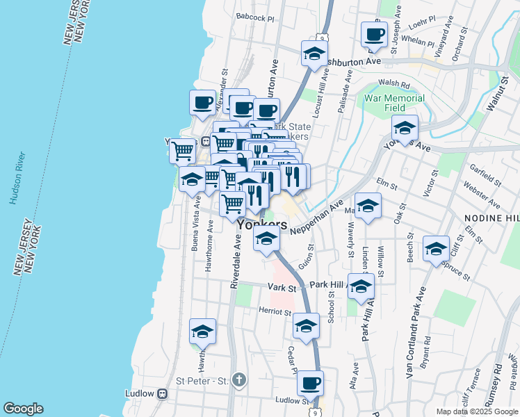 map of restaurants, bars, coffee shops, grocery stores, and more near in Yonkers