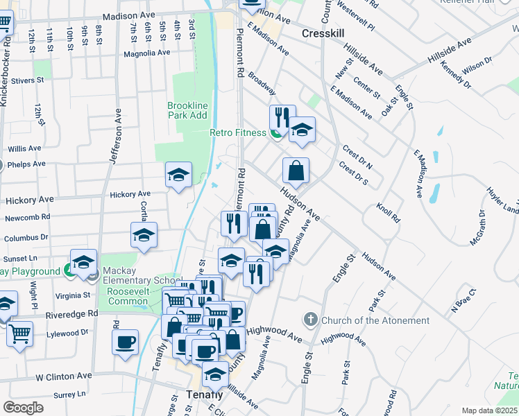 map of restaurants, bars, coffee shops, grocery stores, and more near 3117 The Plaza in Tenafly