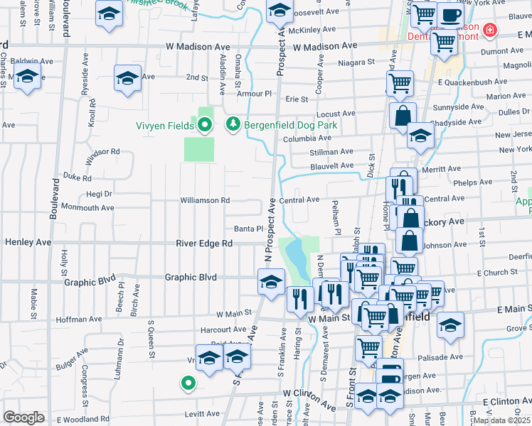 map of restaurants, bars, coffee shops, grocery stores, and more near 1 Banta Place in Bergenfield