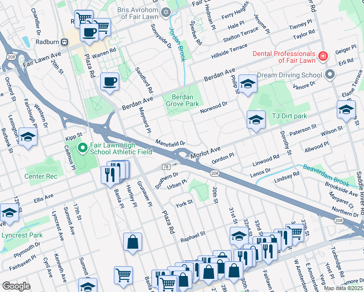 map of restaurants, bars, coffee shops, grocery stores, and more near in Fair Lawn