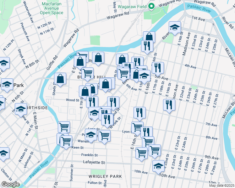 map of restaurants, bars, coffee shops, grocery stores, and more near 77 Butler Street in Paterson