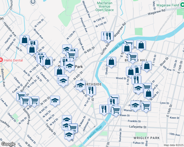 map of restaurants, bars, coffee shops, grocery stores, and more near 281 North 4th Street in Paterson