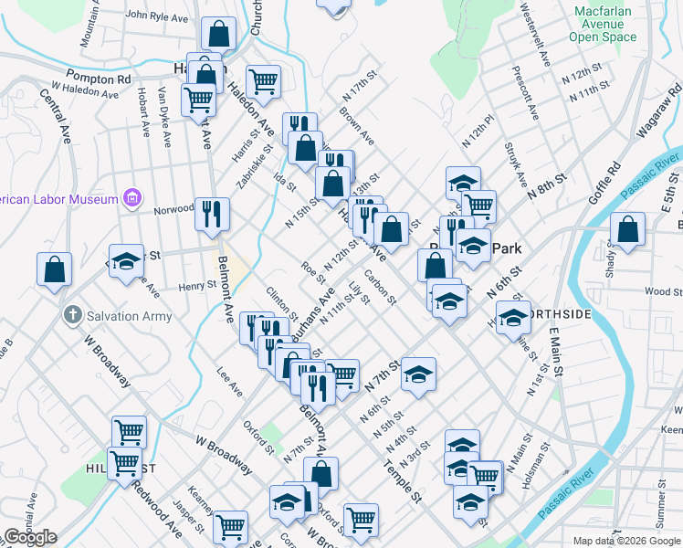 map of restaurants, bars, coffee shops, grocery stores, and more near 117 North 11th Street in Paterson