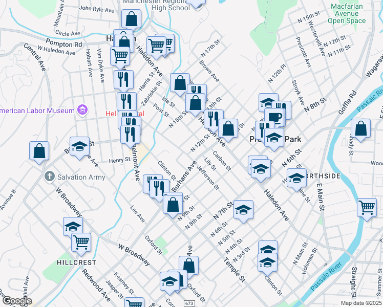 map of restaurants, bars, coffee shops, grocery stores, and more near 281 Burhans Avenue in Haledon
