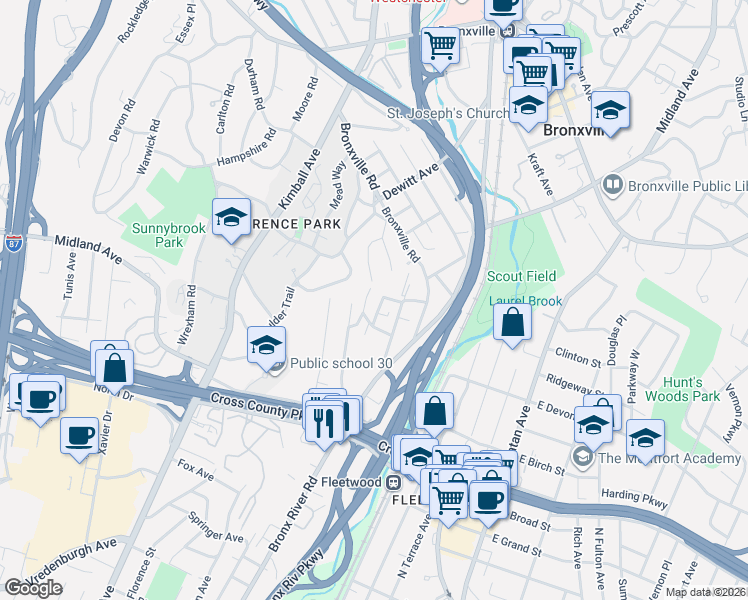 map of restaurants, bars, coffee shops, grocery stores, and more near 54 Louisiana Avenue in Bronxville